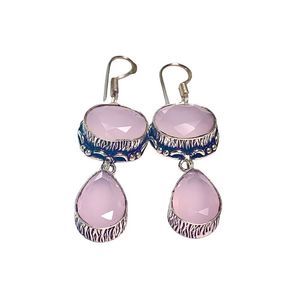 Soft Pink Chalcedony Gemstones in Hanmade Brushed Silver Earrings